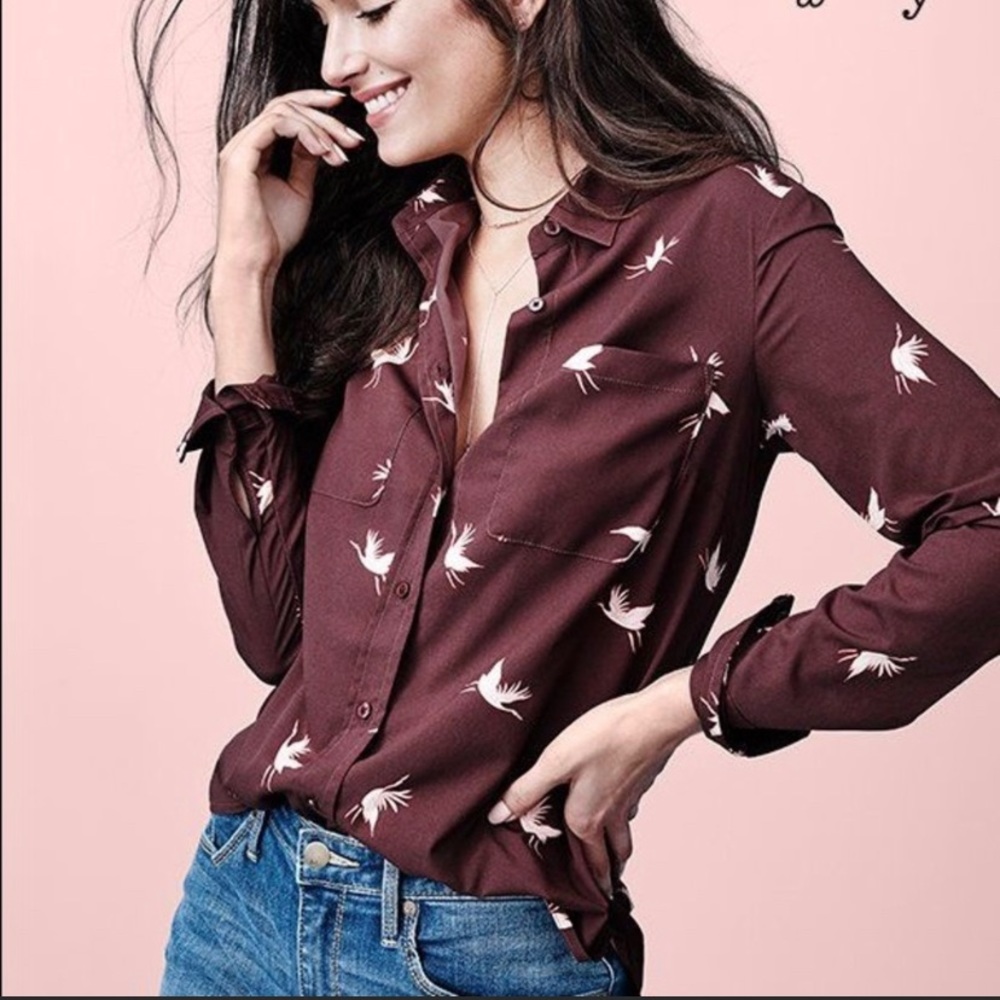 A NEW DAY Burgundy Birds Printed Utility Blouse L
